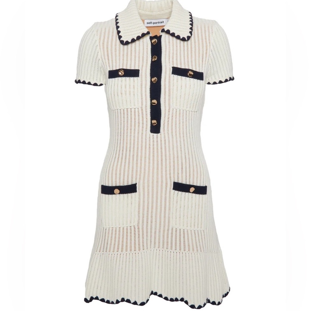 Self Portrait White Crochet Collared Mini Dress